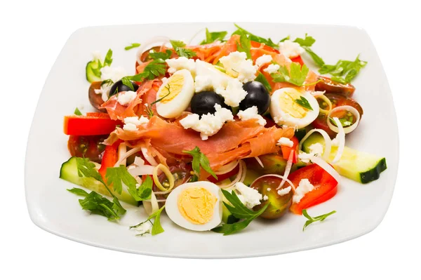 Salat Mit Lachs Frischen Tomaten Gurken Und Wachteleiern Bulgarischer Schäfersalat — Stockfoto