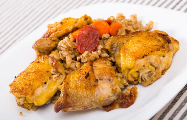 Close Tasty Barley Groats Chicken Thighs Plate Table — Stock Photo, Image