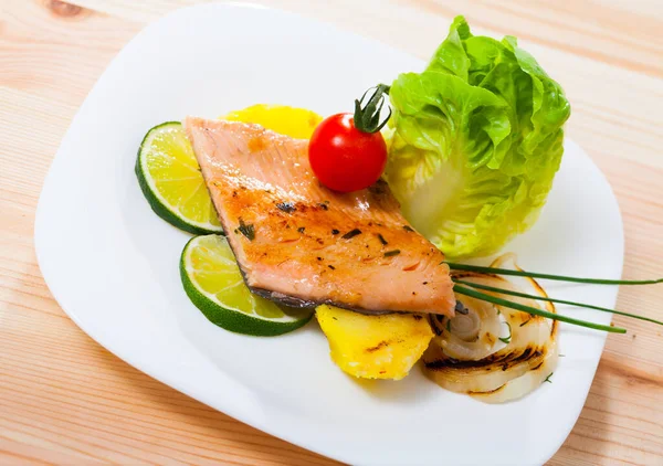 Delicious Baked Trout Fillet Served White Plate Potatoes Grilled Onion Stock Image