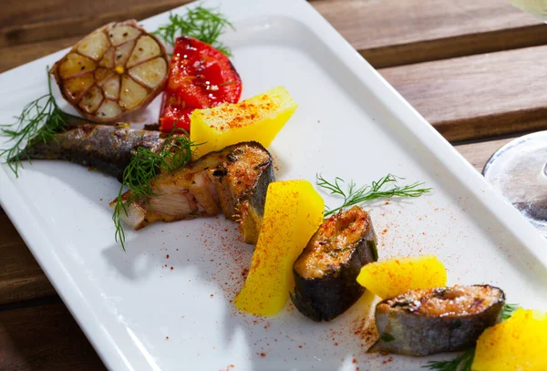 Appetizing Baked Trout Steaks Potatoes Herbs Served Plate — Stock Photo, Image