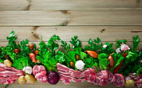 Raw Mutton Vegetables Assortment Natural Wooden Background Cooking Ingredients — Stock Photo, Image