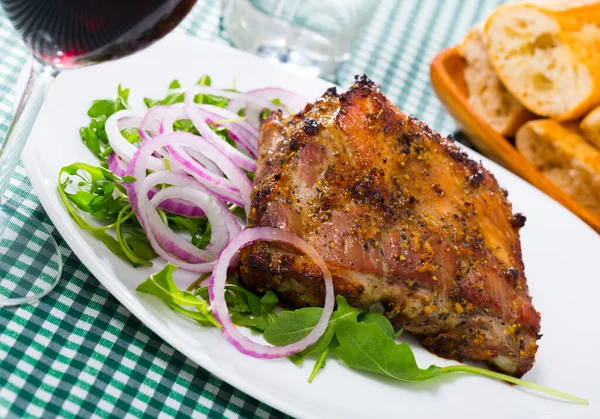 Roasted Spicy Pork Rack Ribs Served White Plate Red Onion — Stock Photo, Image