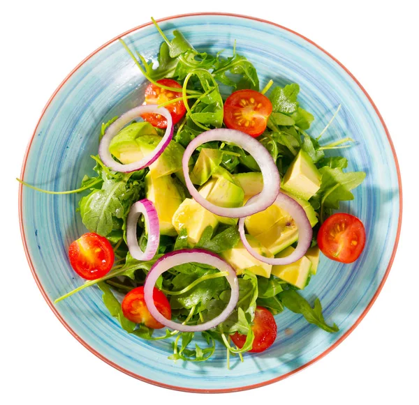 Avokado Vişneli Domates Soğanlı Sağlıklı Roka Salatası Renkli Seramik Tabakta — Stok fotoğraf