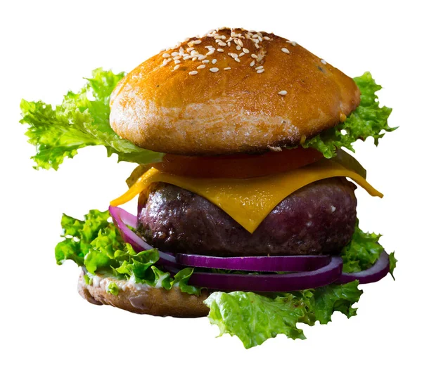 Hambúrguer Apetitoso Com Rissole Carne Frita Grande Cebola Alface Queijo — Fotografia de Stock