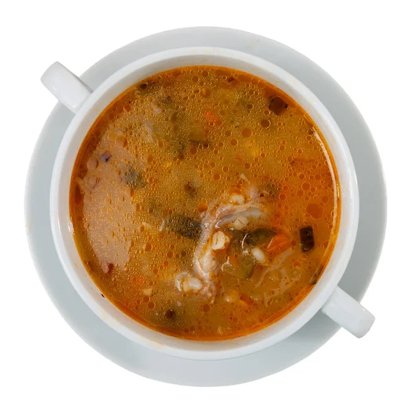 Traditional Russian Soup Rassolnik Beef Meat Russian Cuisine Isolated White — Zdjęcie stockowe