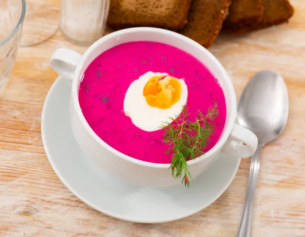 Traditional Russian Holodnik Cold Yogurt Beetroot Soup Cucumber Decorated Egg — Foto de Stock