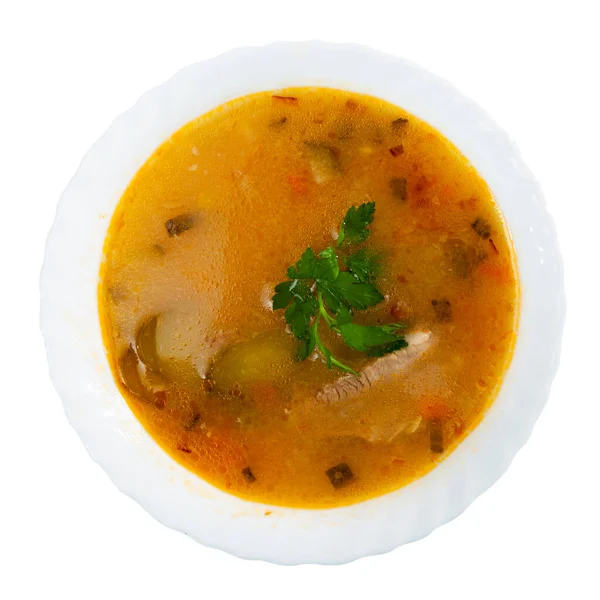 ラソルニク 真珠の大麦で作られたロシアのスープ キュウリと肉を漬け スープの一部 白地に隔離された — ストック写真