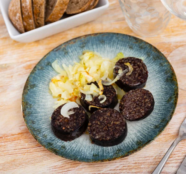 Salsiccia Sangue Spagnolo Morcilla Servita Con Cipolla Alla Griglia Sul — Foto Stock