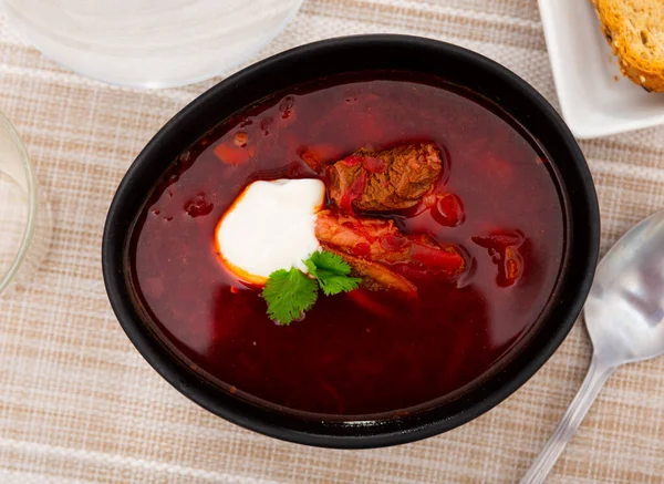 Delicious Traditional Ukrainian Russian Vegetable Beetroot Soup Beef Decorated Sour — Stock Photo, Image