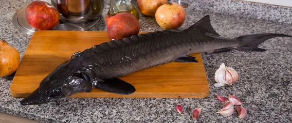 Image Uncooked Raw Sturgeon Plate Laying Table — Stock Photo, Image