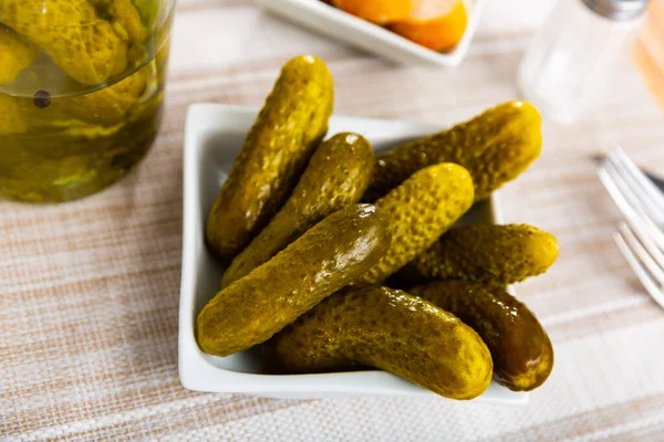 Little Pickled Cucumbers Gherkins Plate Homemade Pickles — Stock Photo, Image