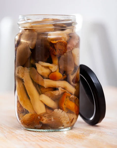 Mix Chopped Marinated Forest Mushrooms Glass Jar Homemade Preserves — Stock Photo, Image