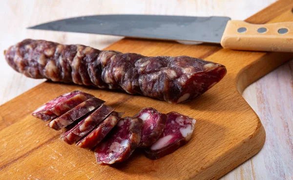 Traditional French Dry Cured Sausage Wooden Table — Stock Photo, Image