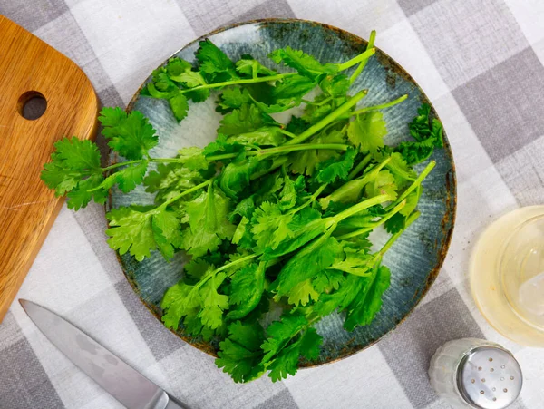 Las Ramitas Cilantro Fresco Fragante Que Encuentran Plato Ingredientes Para — Foto de Stock