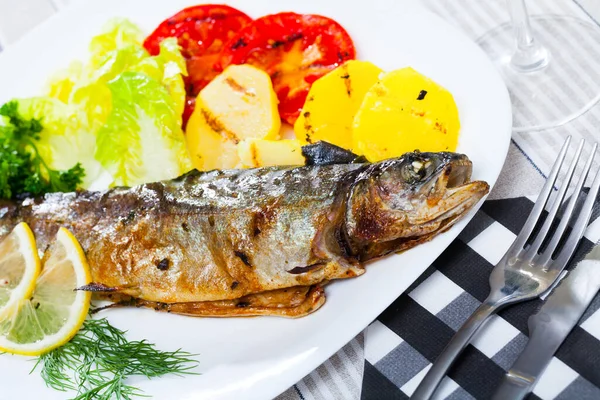 Delicious Whole Trout Fish Grilled Potatoes Tomatoes Served Greens — Stock Photo, Image