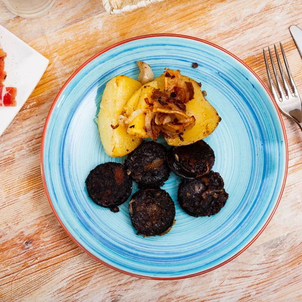 Fried Rustic Tasty Blood Sausage Potato Served Plate Nobody — Stock Photo, Image