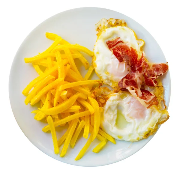 Vista Superior Los Huevos Fritos Tradicionales Españoles Con Papas Jamón —  Fotos de Stock