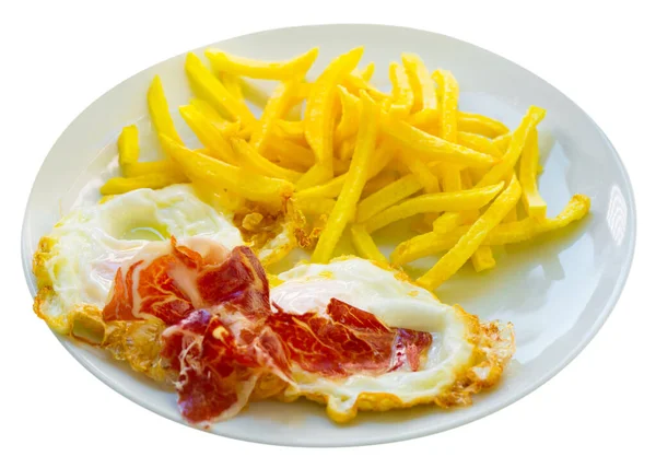Ισπανική Κουζίνα Σπασμένα Αυγά Ψημένα Φέτες Ιβηρικό Ζαμπόν Και Τηγανητές — Φωτογραφία Αρχείου