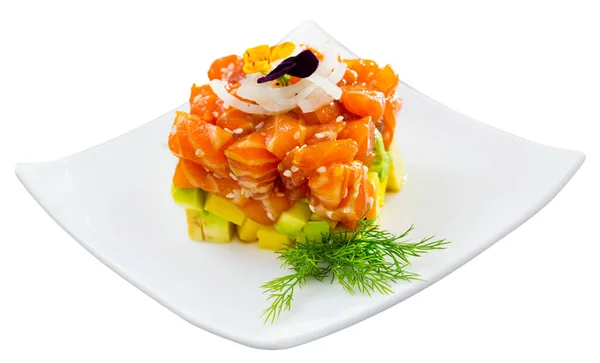 Fish Tartare Raw Salmon Diced Avocado Shape Colorful Cube Decorated — Stock Photo, Image