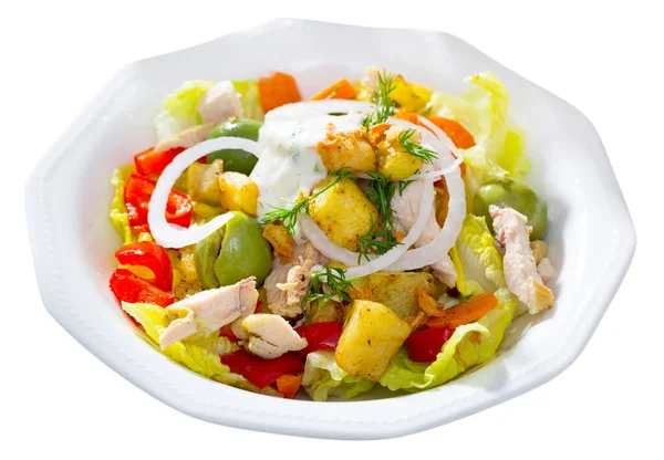 Bunter Warmer Salat Mit Hühnerfilets Auberginen Paprika Karotten Salat Und — Stockfoto