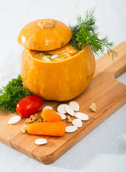 Recipe Healthy Pumpkin Soup Bake Whole Cleared Pumpkin Oven Pull — Stock Photo, Image