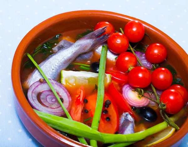 Soupe Pêcheur Merlan Aux Tomates Oignon Rouge Poivron Servi Avec — Photo