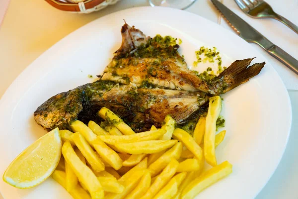 Baked Oven Dorado Fish Lemon French Fries Served Plate — Stock Photo, Image