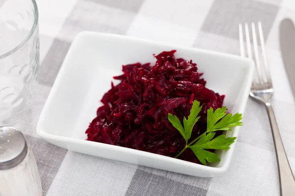 Traditional Salad Russian Cuisine Boiled Grated Beetroot Decorated Sprig Parsley — Photo