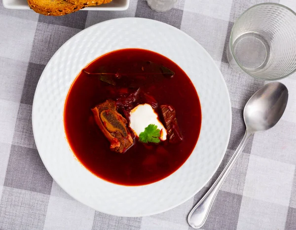 Delicious Hearty Beet Soup Veal Meat Seasoned Thick Sour Cream — Stock Photo, Image