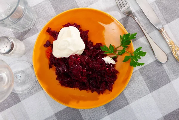Traditional Salad Russian Cuisine Boiled Grated Beetroot Decorated Sprig Parsley — Stock fotografie