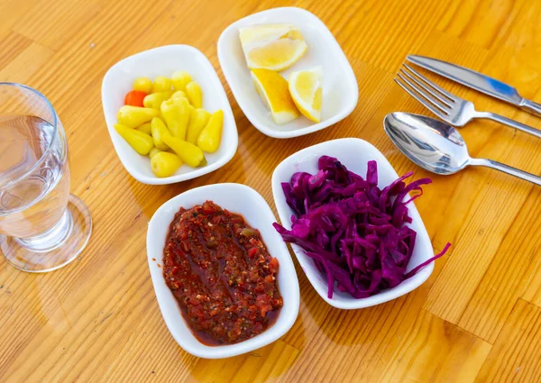 Variety Turkish Appetizers Meze Plates Served Table — Fotografia de Stock