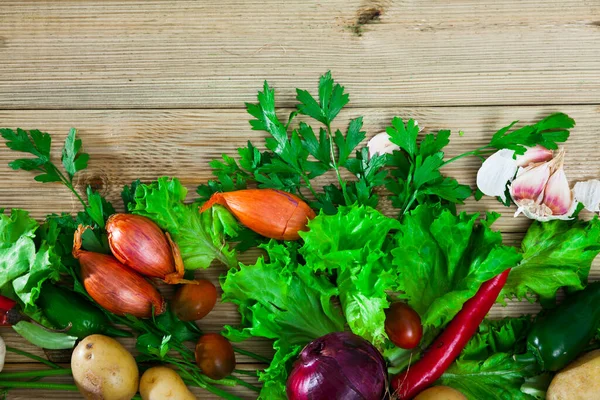 Ingredients Vegetarian Dishes Fresh Raw Vegetables Herbs Seasonings Wooden Surface — Stock Photo, Image