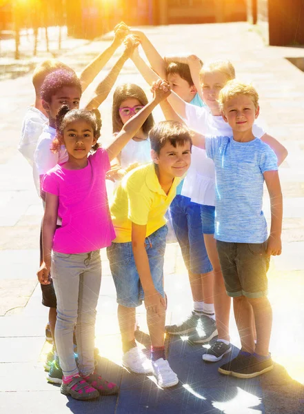 Group Positive Children Holding Hands Playing Together Park — Stock Photo, Image