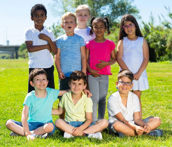 Portrait Eight Children Who Walking Posing Park Stock Image