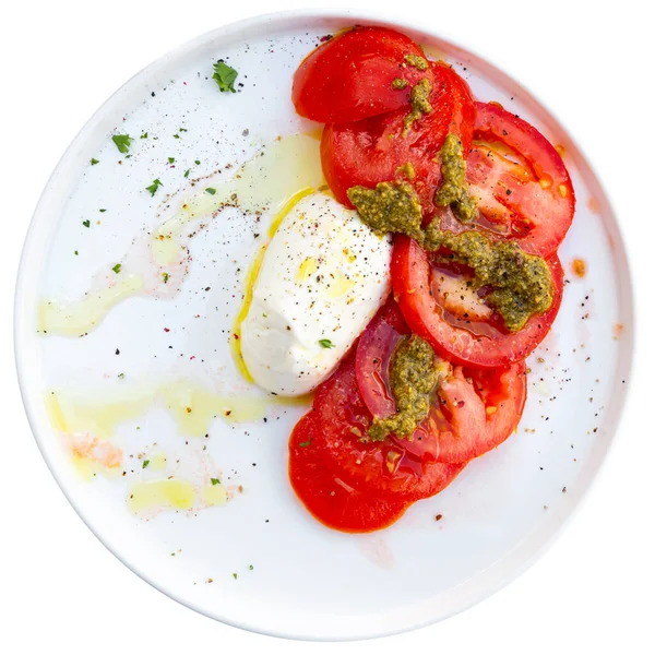 Light Refreshing Caprese Salad Fresh Mozzarella Ripe Tomatoes Pesto Sprinkled — Stock Photo, Image
