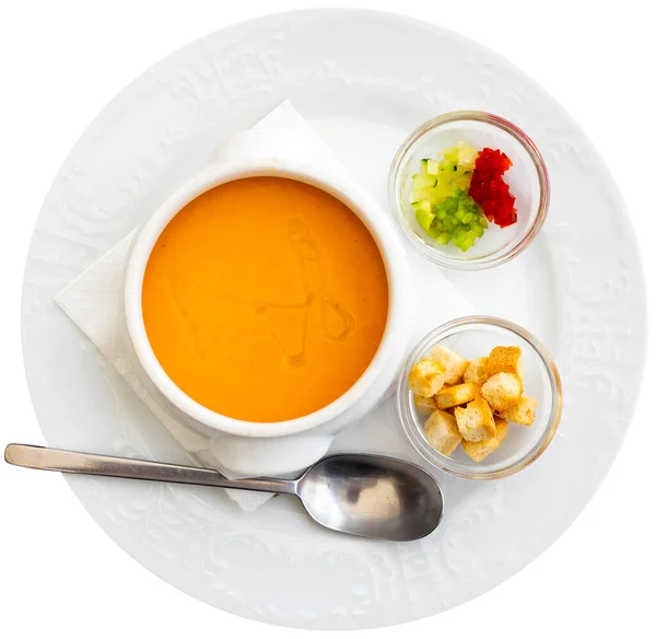 Das Traditionelle Spanische Gericht Gazpacho Aus Tomatenmark Wird Mit Croutons — Stockfoto