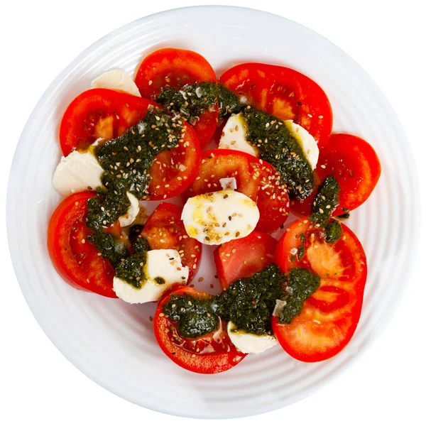 Light Refreshing Caprese Salad Fresh Mozzarella Ripe Tomatoes Pesto Sprinkled — Stock Photo, Image