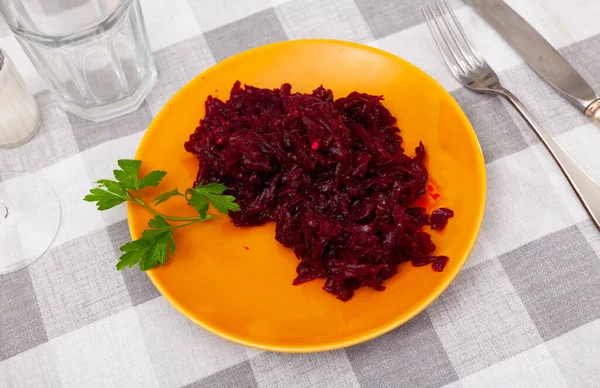 Popular Russian Salad Made Boiled Grated Beetroot Decorated Fresh Herbs — Stock Photo, Image