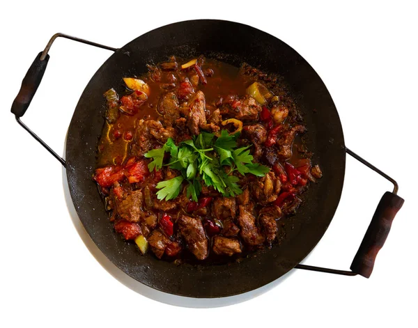 Maso Saute Tradiční Pánvi Sac Kavurma Turecké Jídlo Izolované Přes — Stock fotografie
