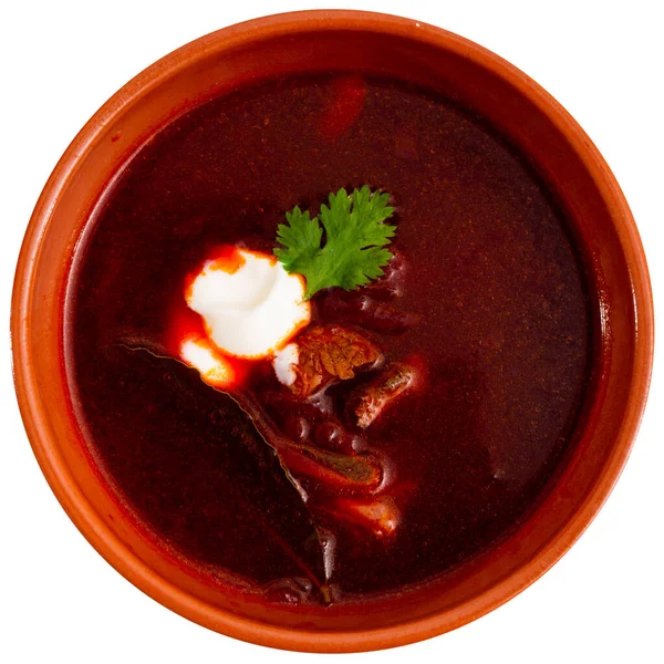 Hanya Memasak Sup Tradisional Rusia Svekolnik Dengan Daging Sapi Disajikan — Stok Foto