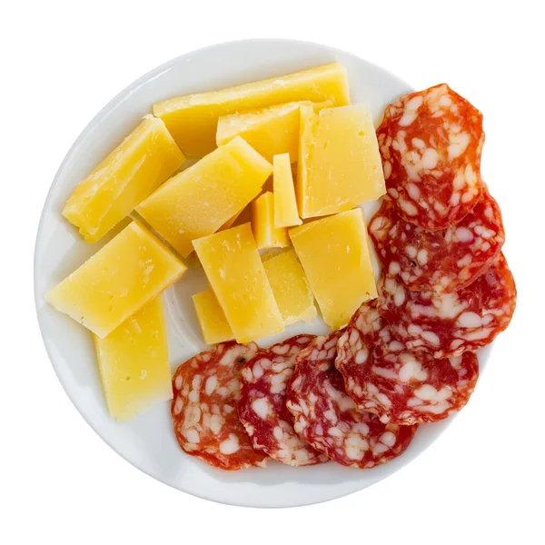 Appetizing Cold Cuts Sliced Cured Spanish Sausage Cheese Serving Plate — Stock Photo, Image