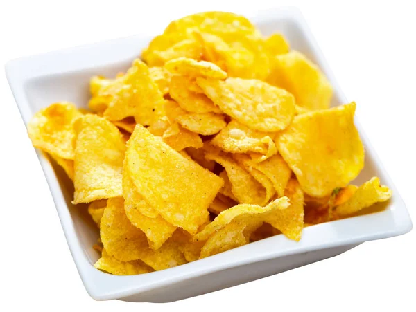 Décryptages Savoureuses Croustilles Chips Dans Une Assiette Céramique Carrée Blanche — Photo