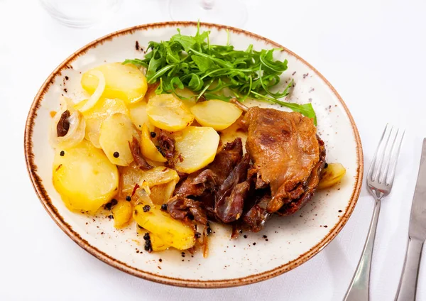 Traditional French Food Duck Confit Stew Potatoes Greens Plate Cafe — Stock Photo, Image