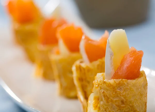 Pancakes Rolls Salted Salmon Plate High Quality Photo — Stock Photo, Image