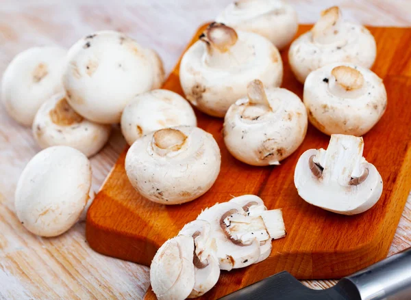 Fresh Champignon Mushrooms Wooden Background — Stock Photo, Image