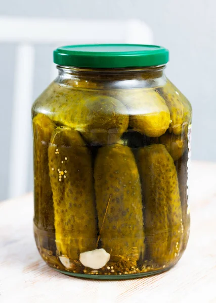 Glass Jar Pickled Cucumbers Wooden Table High Quality Photo — Stock Photo, Image