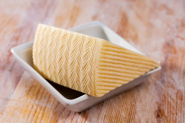 Slice Semi Soft Cheese Wooden Table High Quality Photo — Stock Photo, Image