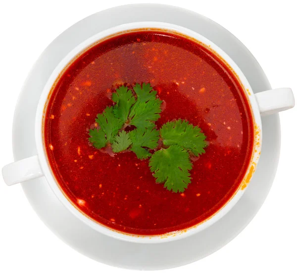 Deliciosa Sopa Remolacha Abundante Con Carne Ternera Adornada Con Hojas — Foto de Stock