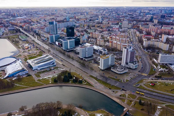 Minsk Belarus January 2020 Aerial View Minsk Cityscape Buildings River — Stock Photo, Image