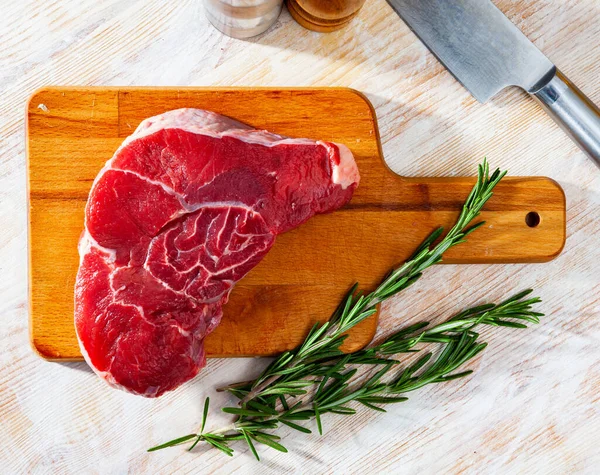 Fresh Raw Beef Steak Wooden Background Herbs — Stock Photo, Image